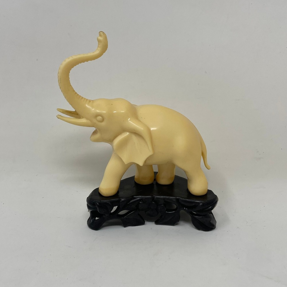 Vintage Hong Kong Elephant Figurine Faux Ivory Plastic Statue on‎ Black Base